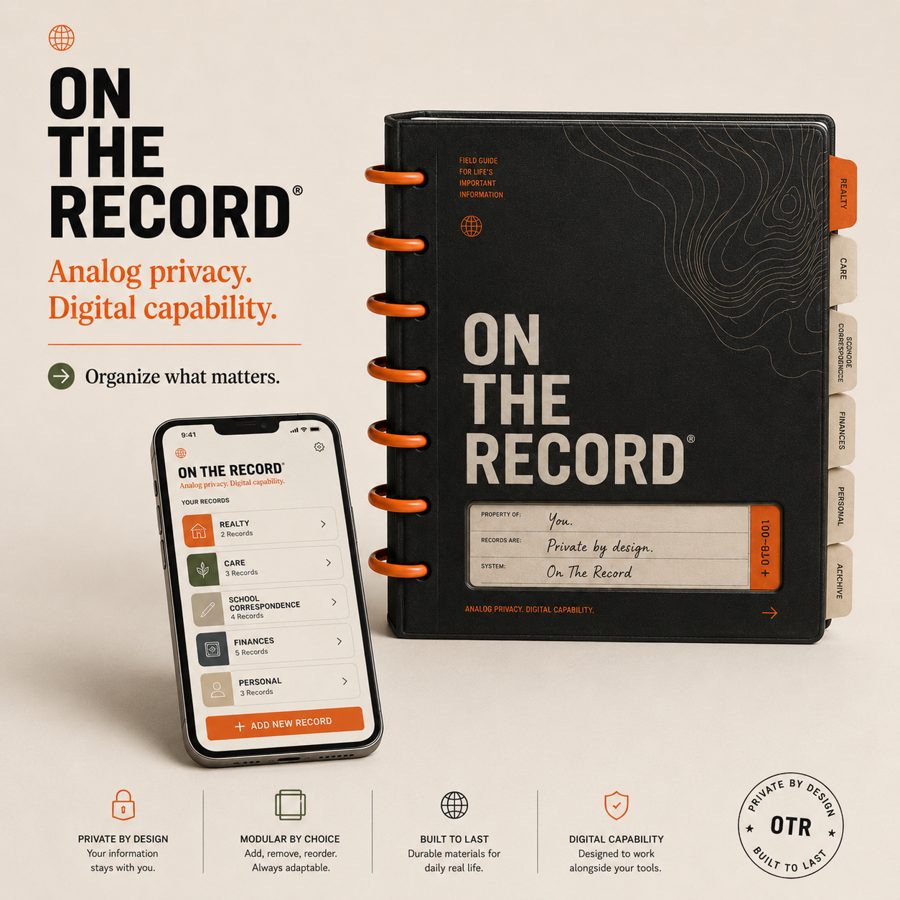 On The Record binder and companion app — organized tabs for Reality, Care, School Correspondence, Finances, Personal, and Archive
