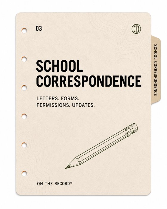 On The Record 'School Correspondence' divider card — letters, forms, permissions, updates